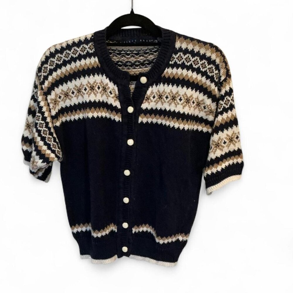 Vintage Birch Bros Fair Isle Cotton‎ Blend Short Sleeve Cardigan Sweater Large